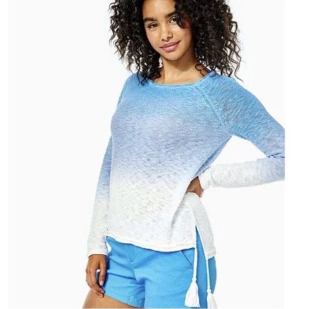 Lilly Pulitzer Cozy Jody Sweater Blue White Lightweight Pullover Tassels Sz XS